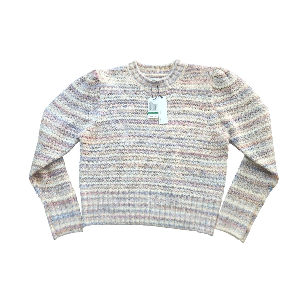 Habitual Sweater Women Large Mauve Combo NWT Puff Shoulder Textured Knit Striped
